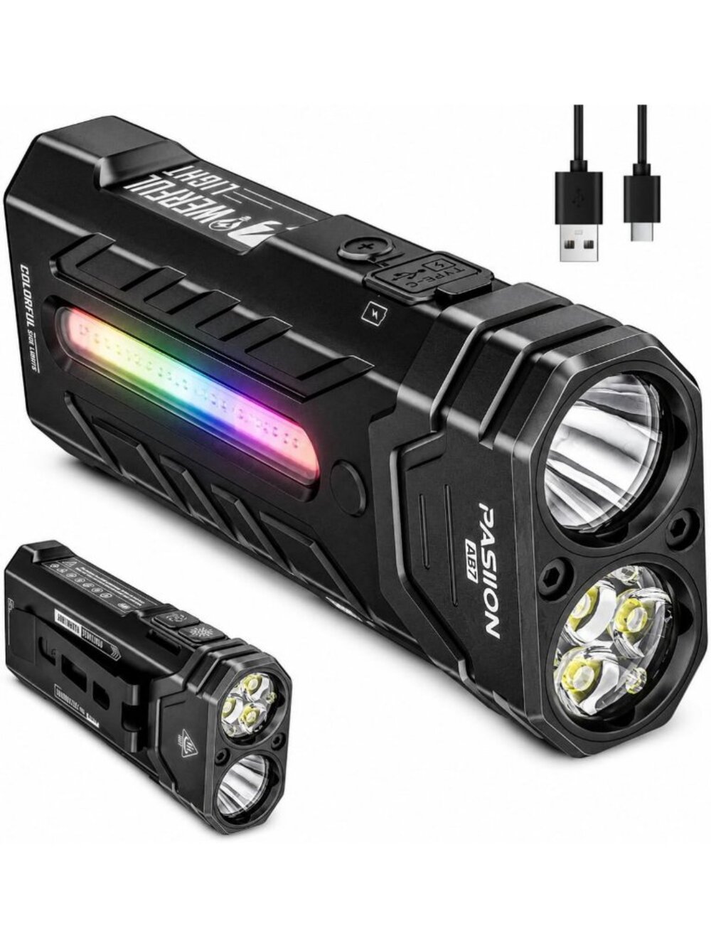 Multifunctional 3250 Lumens Rechargeable Flashlight with RGB Light & Magnetic